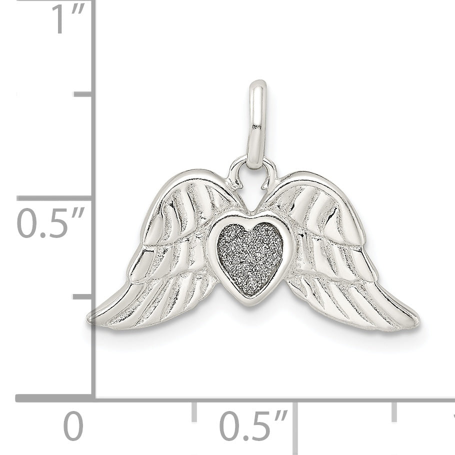 Sterling Silver Polished Enamel Glitter Fabric Heart W/Wings Pendant