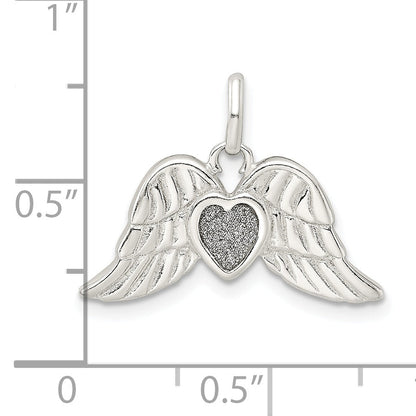 Sterling Silver Polished Enamel Glitter Fabric Heart W/Wings Pendant