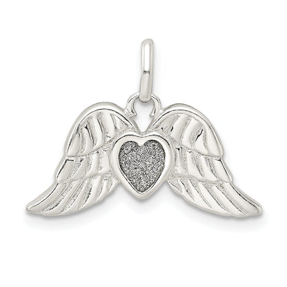 Sterling Silver Polished Enamel Glitter Fabric Heart W/Wings Pendant