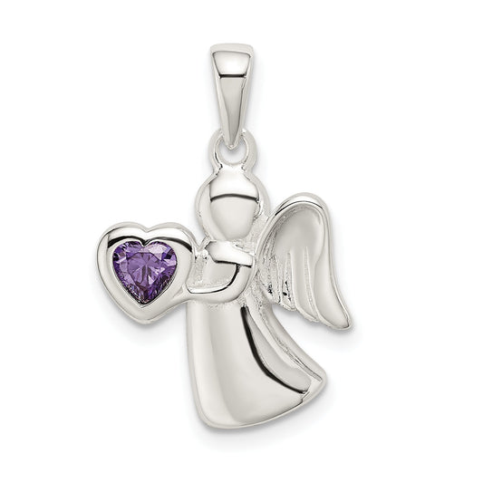 Sterling Silver Angel W/Purple Cz Heart Pendant