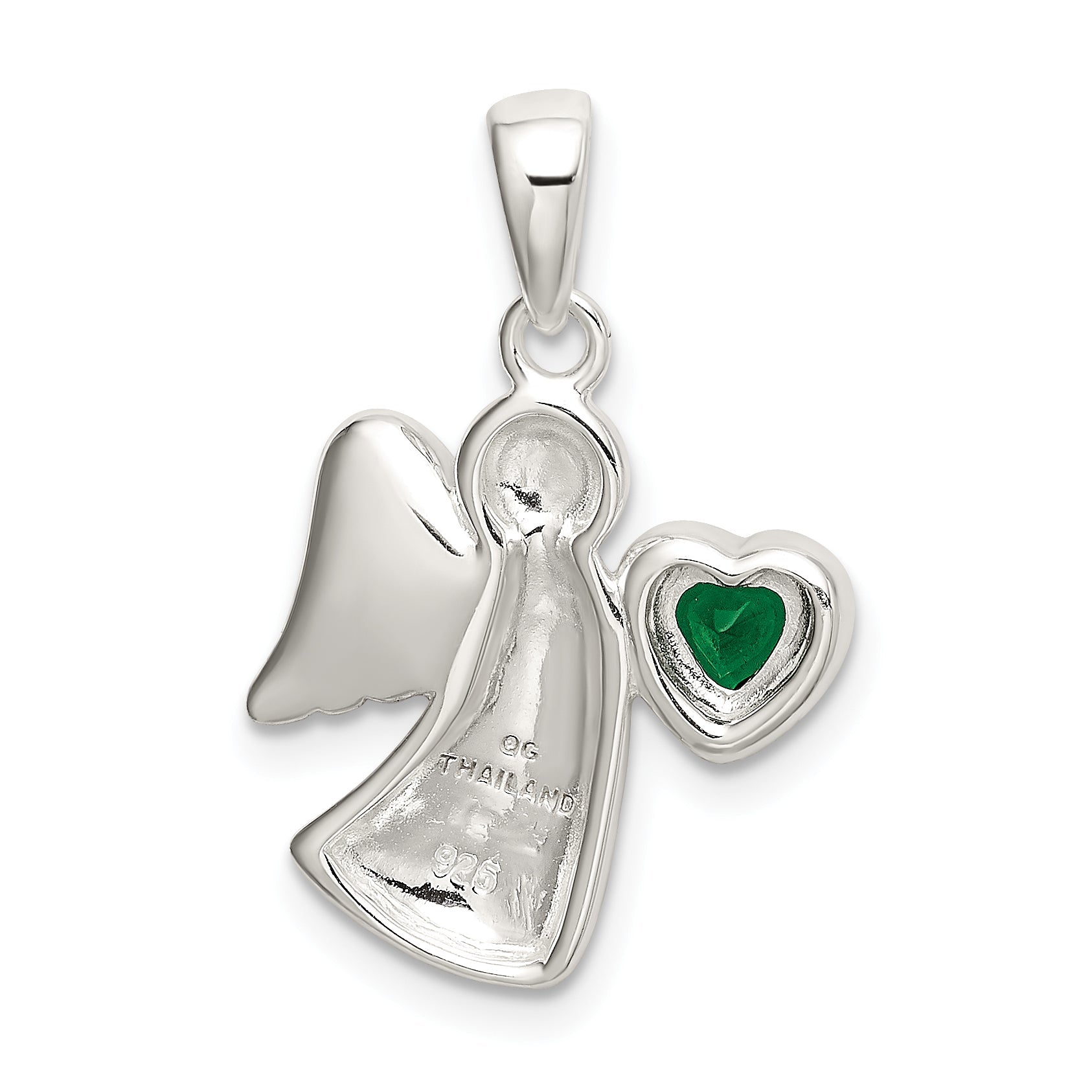 Sterling Silver Angel W/Dark Green Cz Heart Pendant