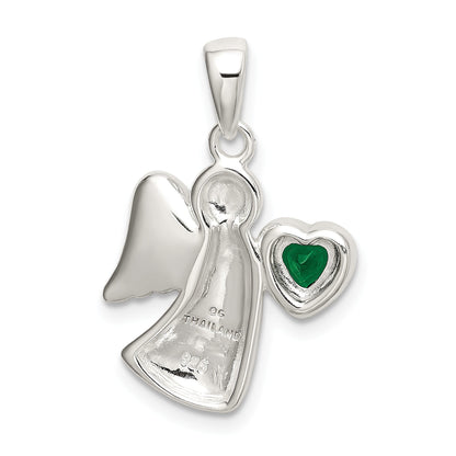 Sterling Silver Angel W/Dark Green Cz Heart Pendant