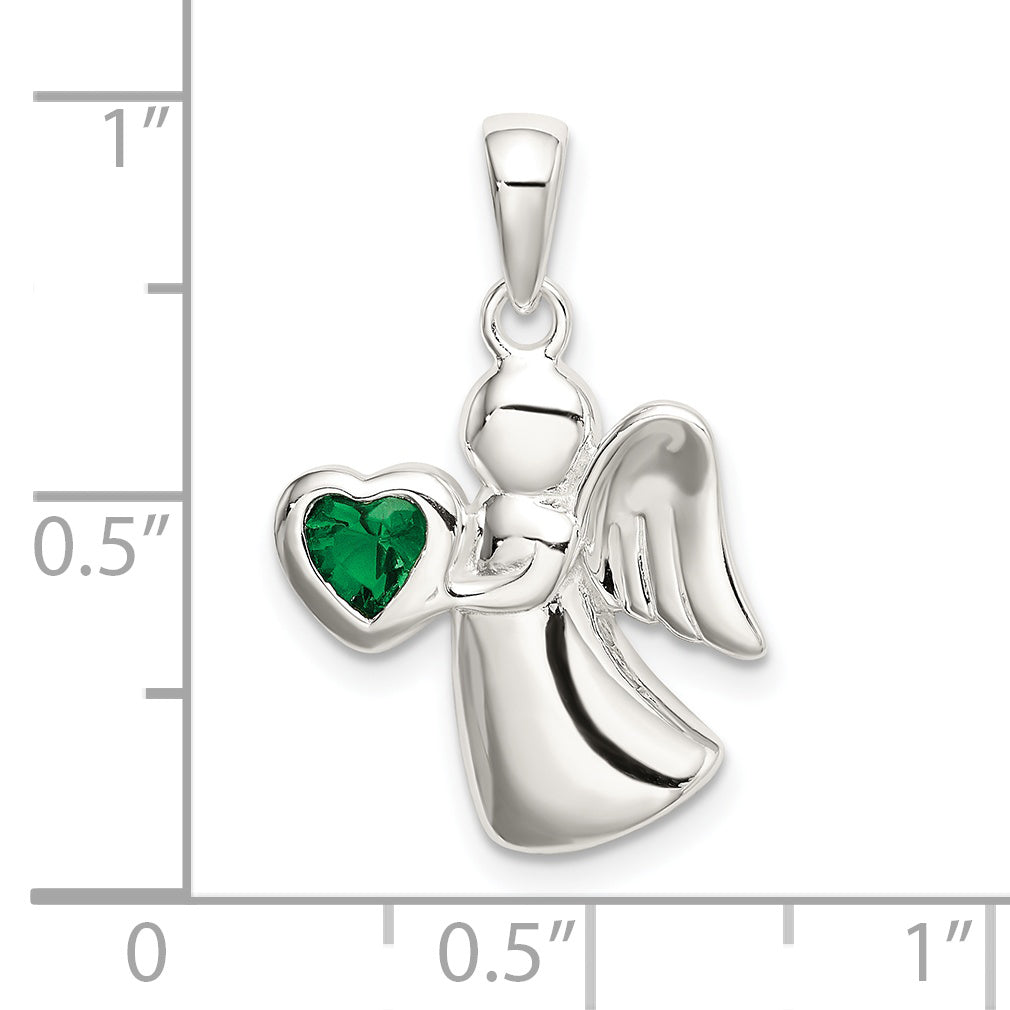 Sterling Silver Angel W/Dark Green Cz Heart Pendant