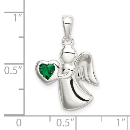 Sterling Silver Angel W/Dark Green Cz Heart Pendant