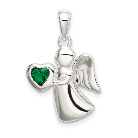 Sterling Silver Angel W/Dark Green Cz Heart Pendant