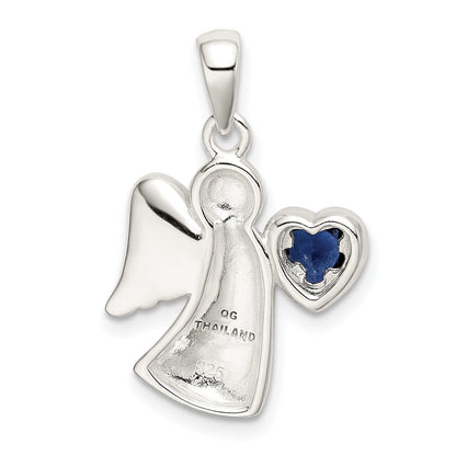 Sterling Silver Angel W/Dark Blue Cz Heart Pendant