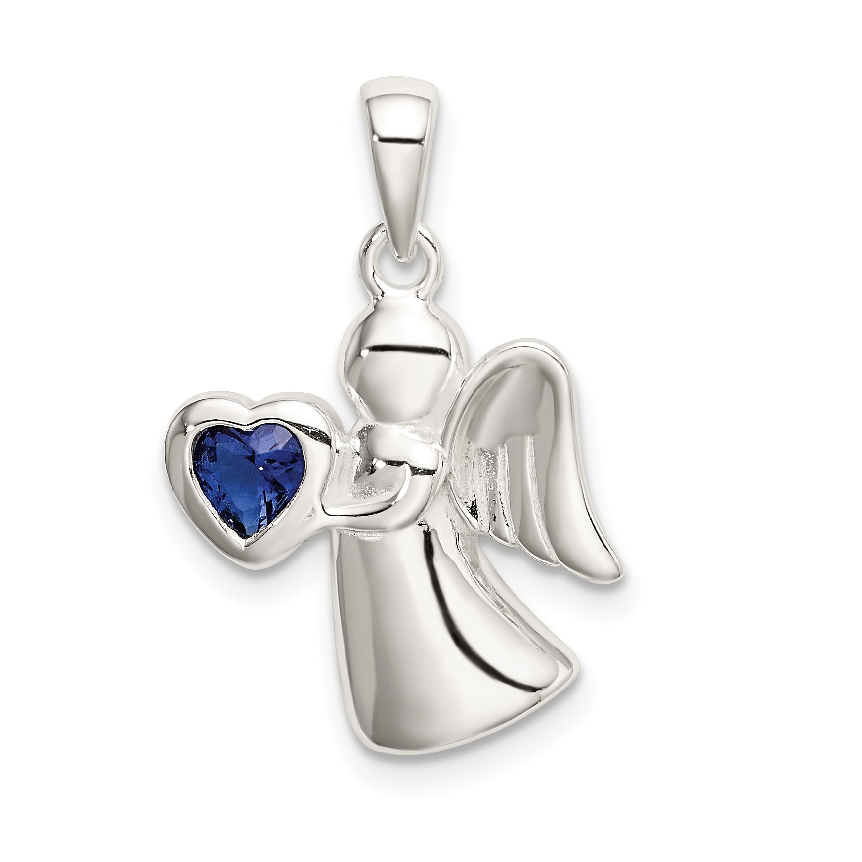 Sterling Silver Angel W/Dark Blue Cz Heart Pendant