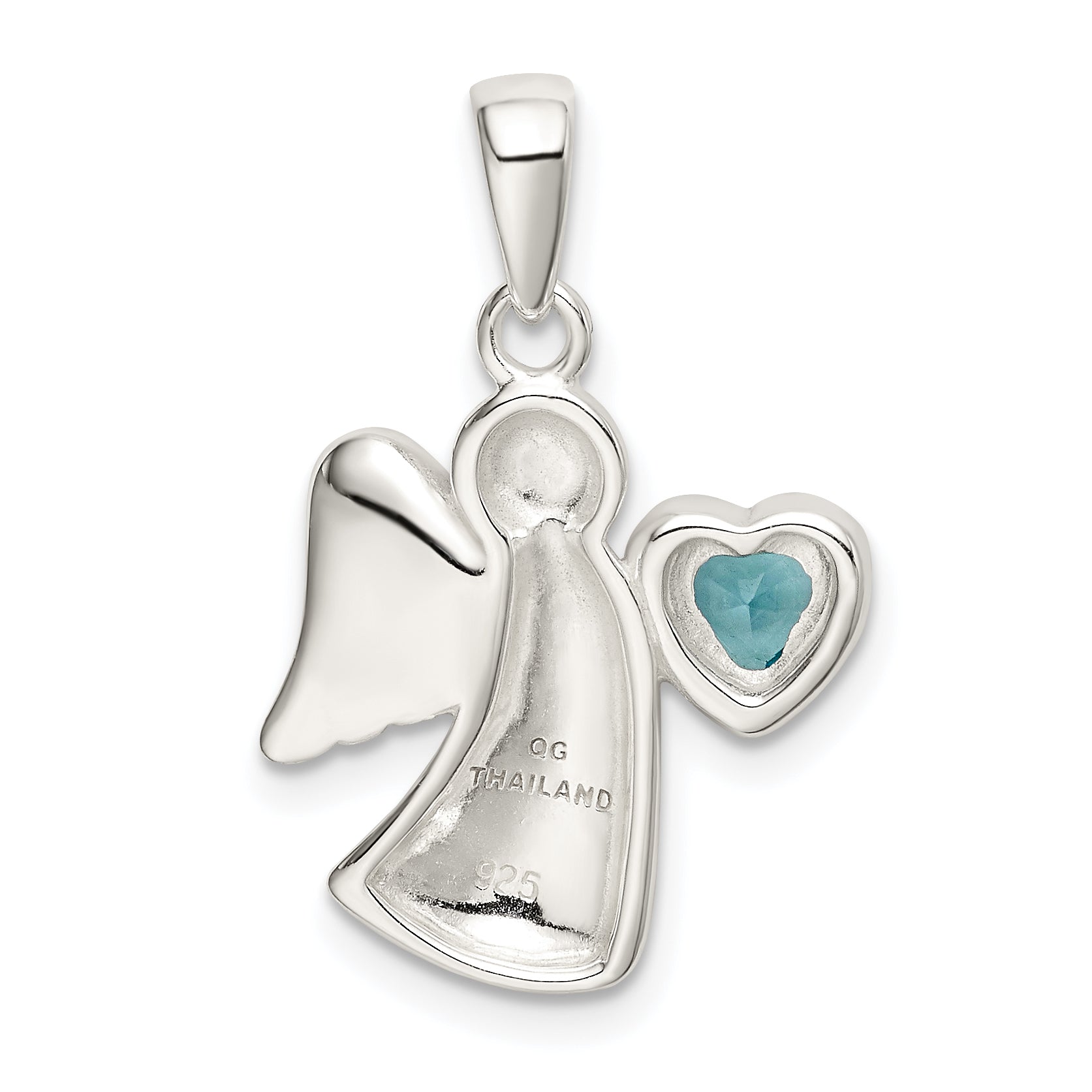 Sterling Silver Angel W/Light Blue Cz Heart Pendant