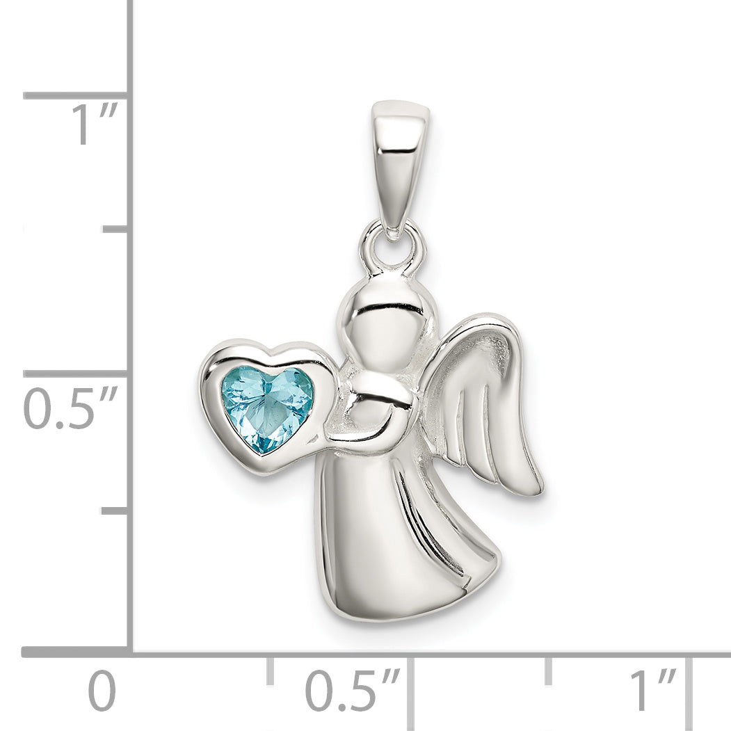 Sterling Silver Angel W/Light Blue Cz Heart Pendant