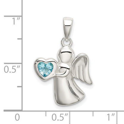 Sterling Silver Angel W/Light Blue Cz Heart Pendant