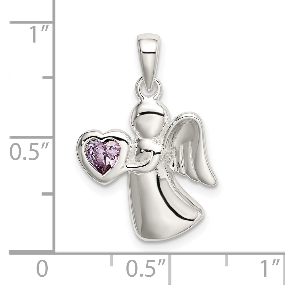 Sterling Silver Angel W/Light Purple Cz Heart Pendant