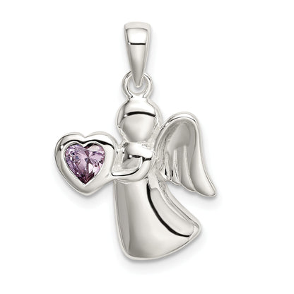 Sterling Silver Angel W/Light Purple Cz Heart Pendant