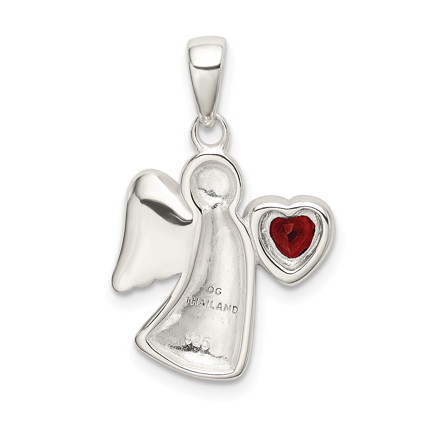 Sterling Silver Angel W/Dark Red Cz Heart Pendant
