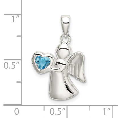 Sterling Silver Angel W/Blue Cz Heart Pendant