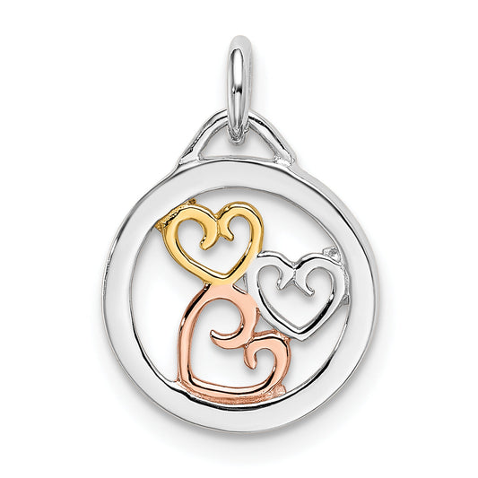 Sterling Silver Rhodium, Rose & Gold-Tone Polished Hearts Pendant
