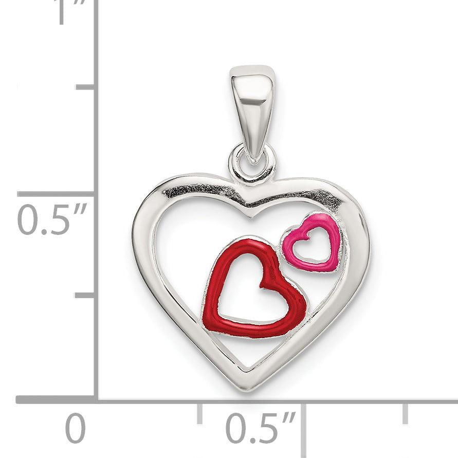 Sterling Silver Polished Red And Pink Enameled Hearts Pendant