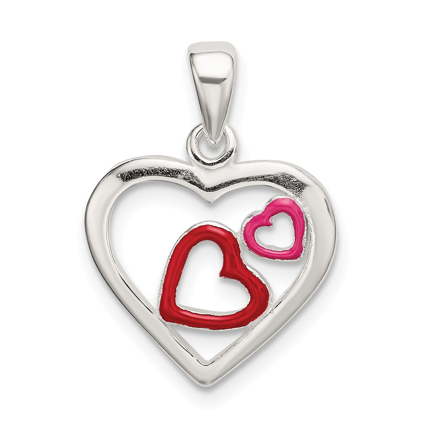 Sterling Silver Polished Red And Pink Enameled Hearts Pendant