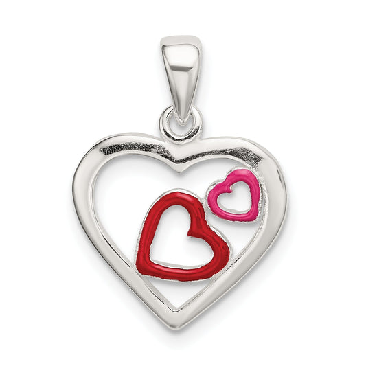 Sterling Silver Polished Red And Pink Enameled Hearts Pendant
