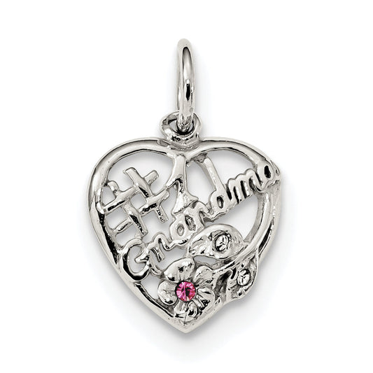 Sterling Silver Rhodium-Plated Pink & White Cz #1 Grandma Pendant