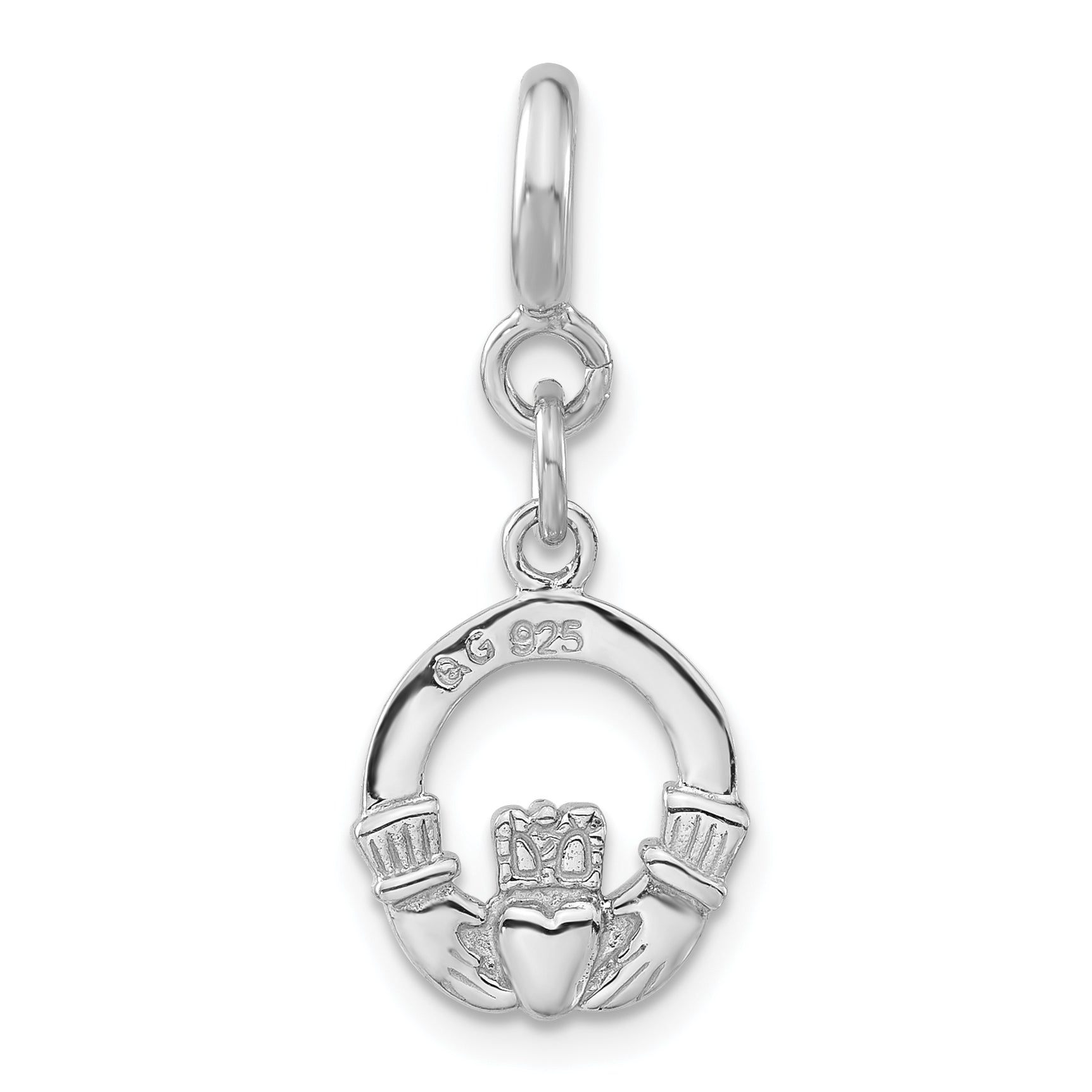 Sterling Silver Rhodium-Plated Claddagh W/ Spring Ring Clasp Charm