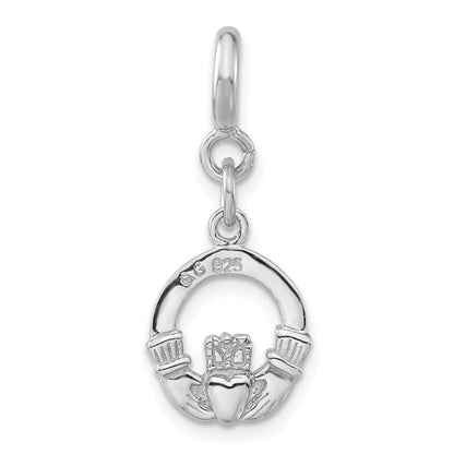 Sterling Silver Rhodium-Plated Claddagh W/ Spring Ring Clasp Charm