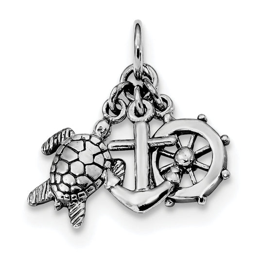 Sterling Silver Rhodium-Plated Antiqued Turtle, Anchor & Wheel Charm