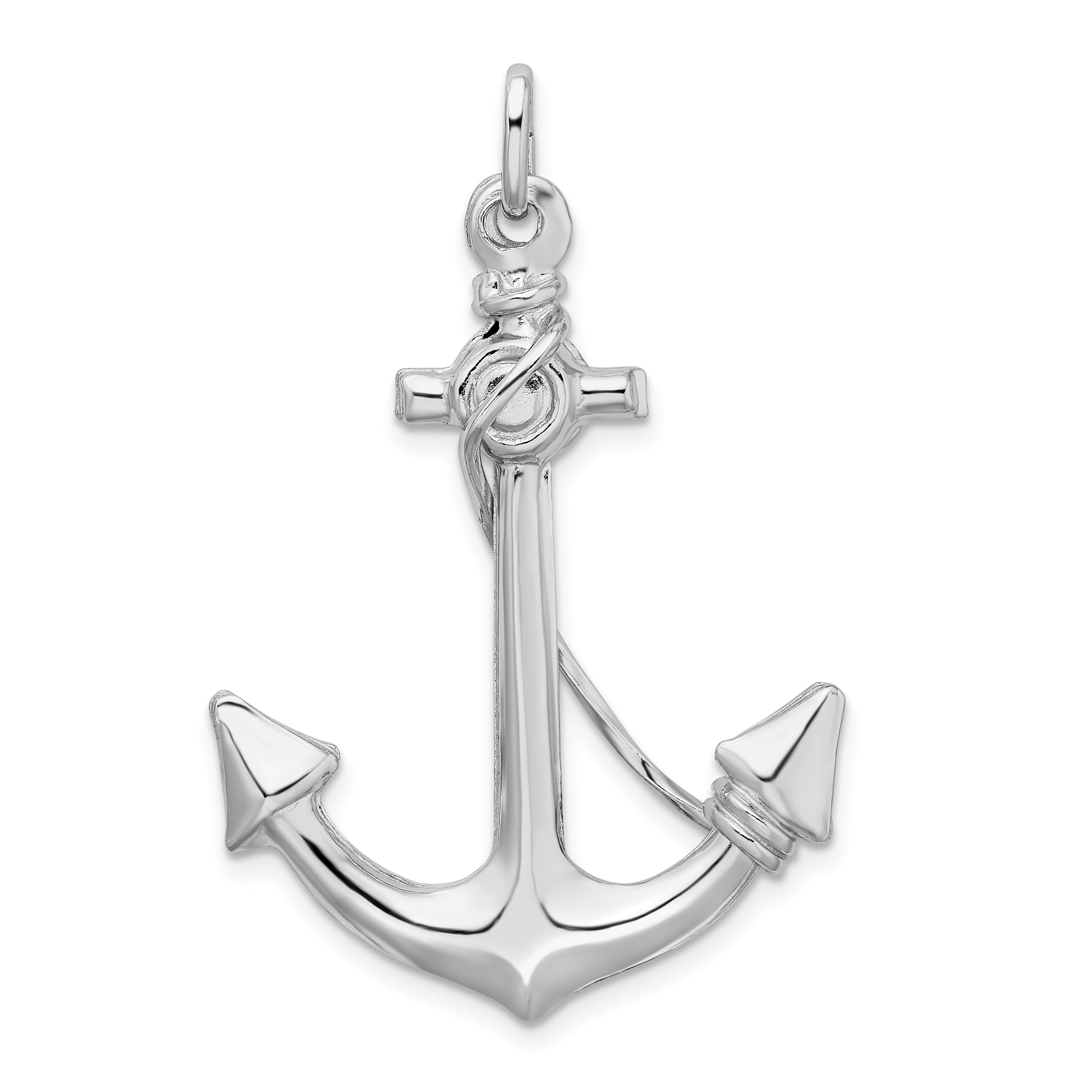 Sterling Silver Rhodium Plated Polished Anchor With Rope Charm