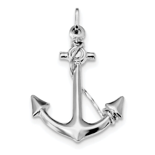 Sterling Silver Rhodium Plated Polished Anchor With Rope Charm