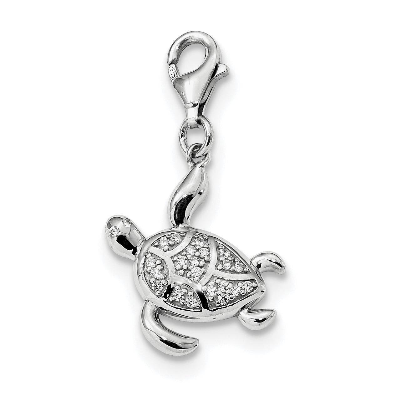 Sterling Silver Rhodium-Plated Cz Sea Turtle With Lobster Clasp Charm