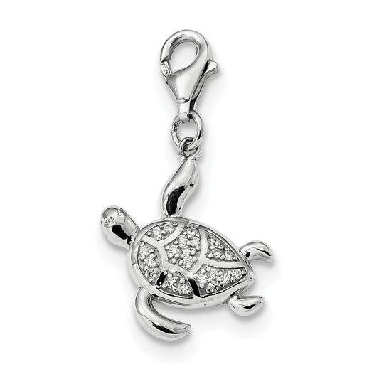 Sterling Silver Rhodium-Plated Cz Sea Turtle With Lobster Clasp Charm