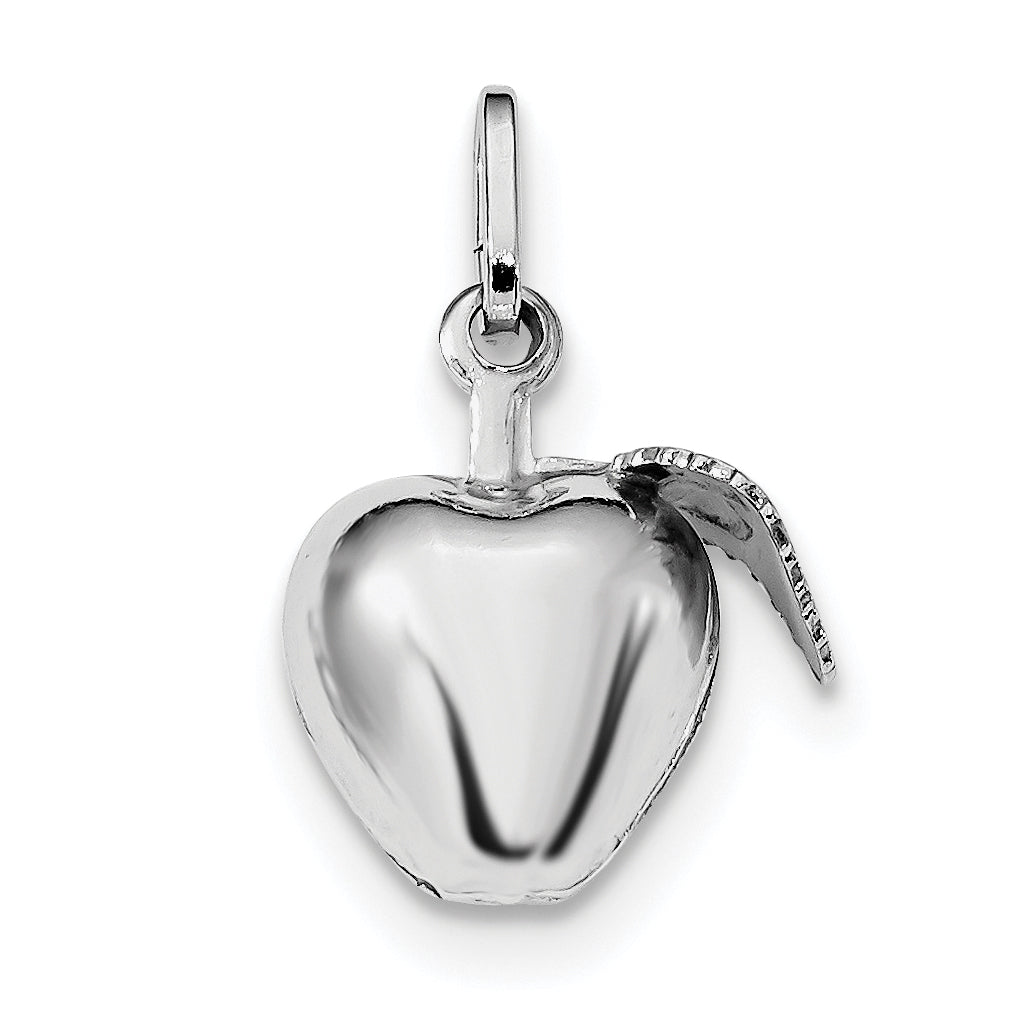 Sterling Silver Rhodium Plated Polished Puffed Apple W/ Leaf Charm