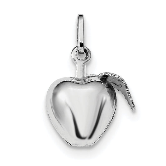 Sterling Silver Rhodium Plated Polished Puffed Apple W/ Leaf Charm