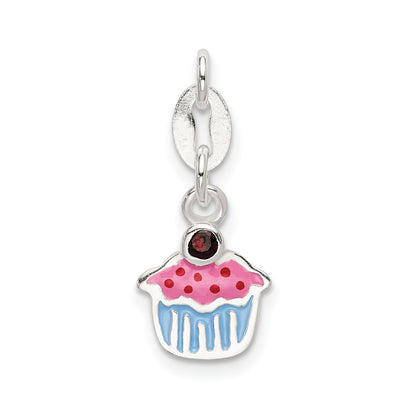 Sterling Silver Polished And Enameled Cupcake W/Garnet Charm