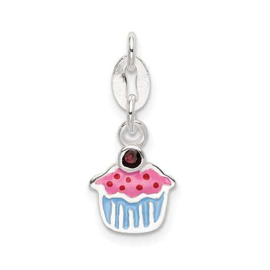 Sterling Silver Polished And Enameled Cupcake W/Garnet Charm