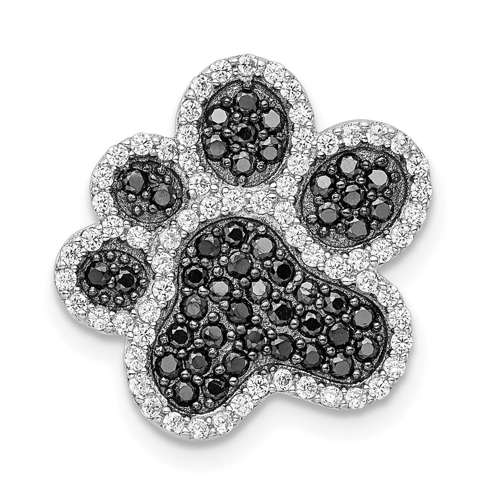Sterling Silver Rhodium-Plated Black/White Cz Paw Print Pendant