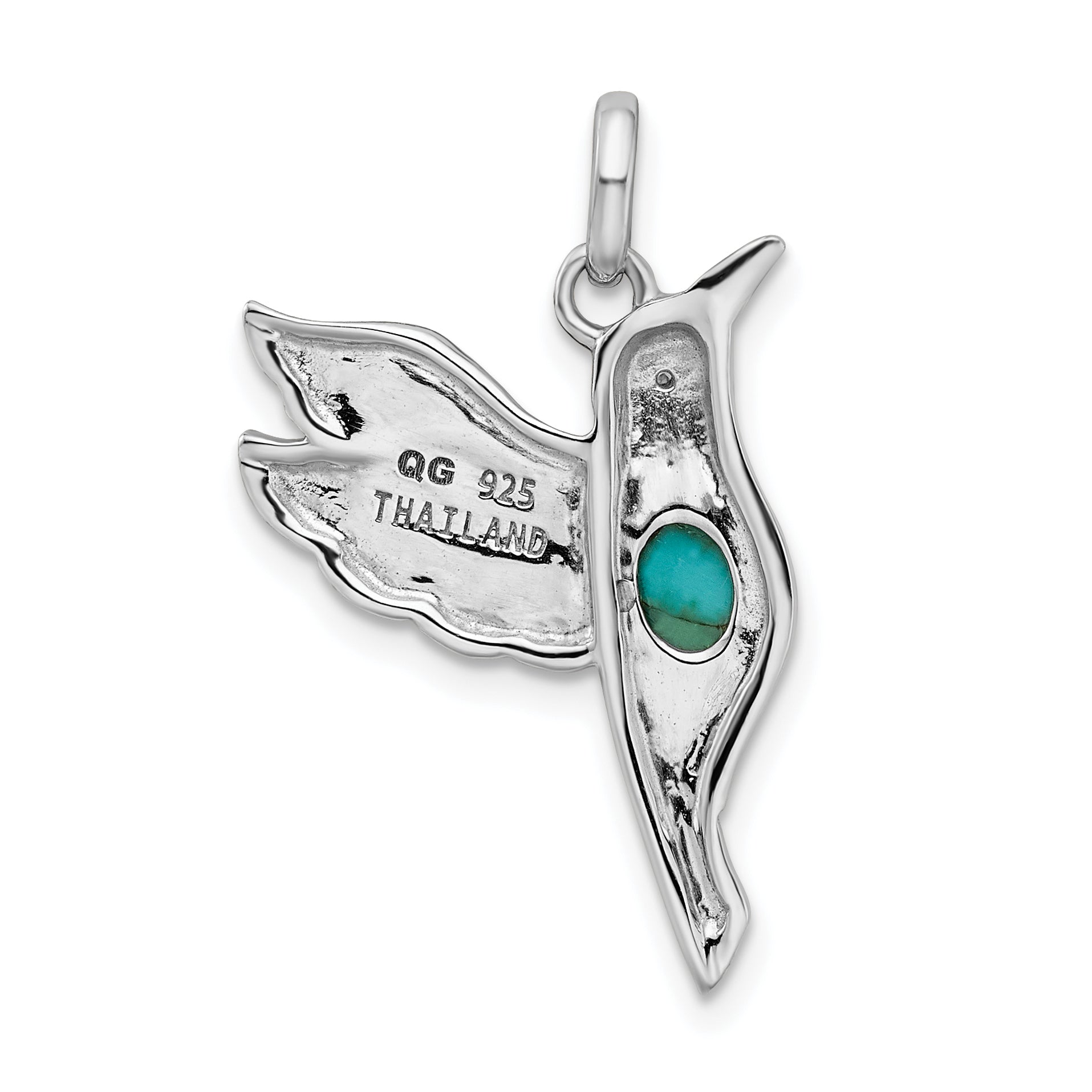 Sterling Silver Rhodium/Oxidized Recon. Turq/Cz Hummingbird Pendant