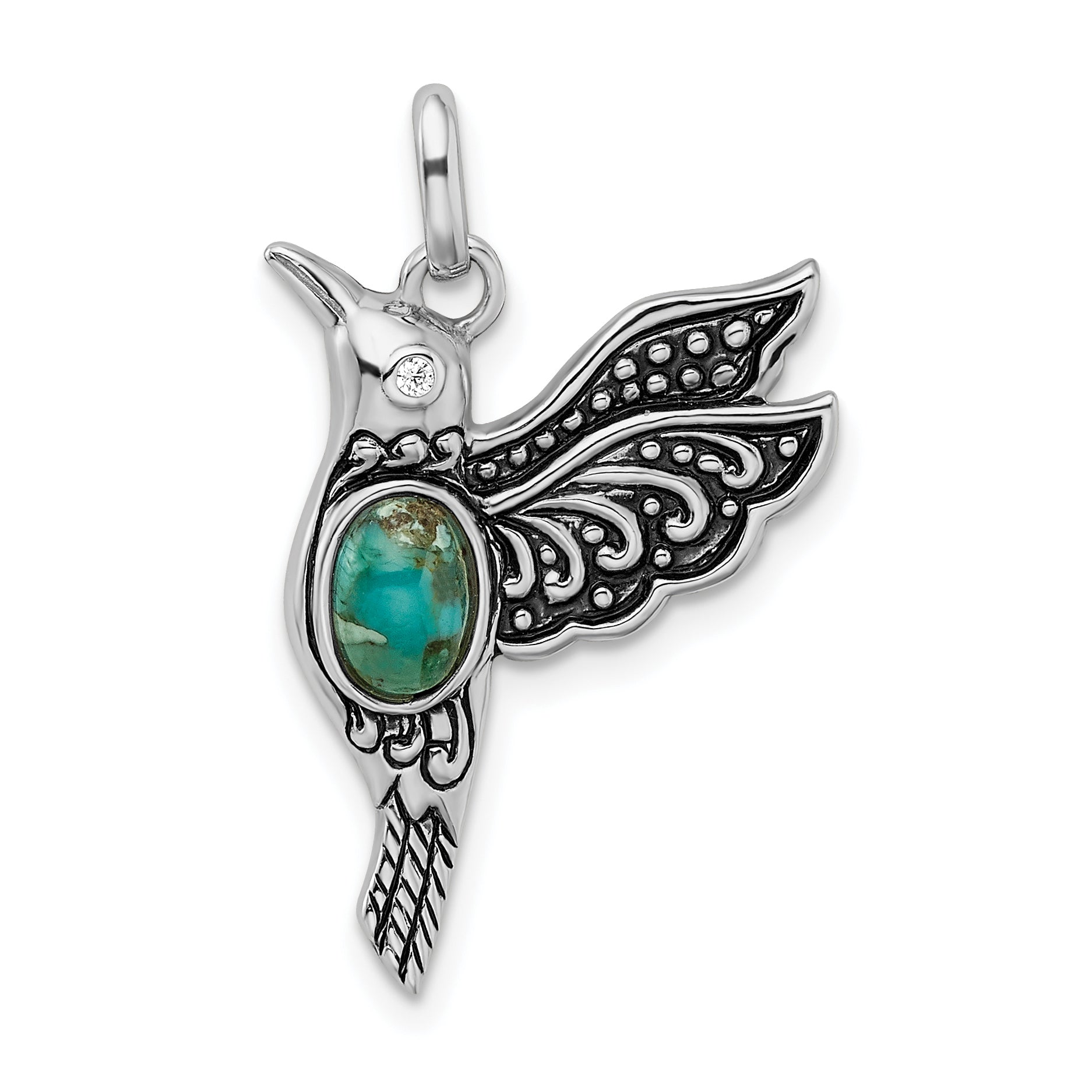 Sterling Silver Rhodium/Oxidized Recon. Turq/Cz Hummingbird Pendant