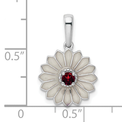 Sterling Silver Garnet And Enamel Flower Pendant