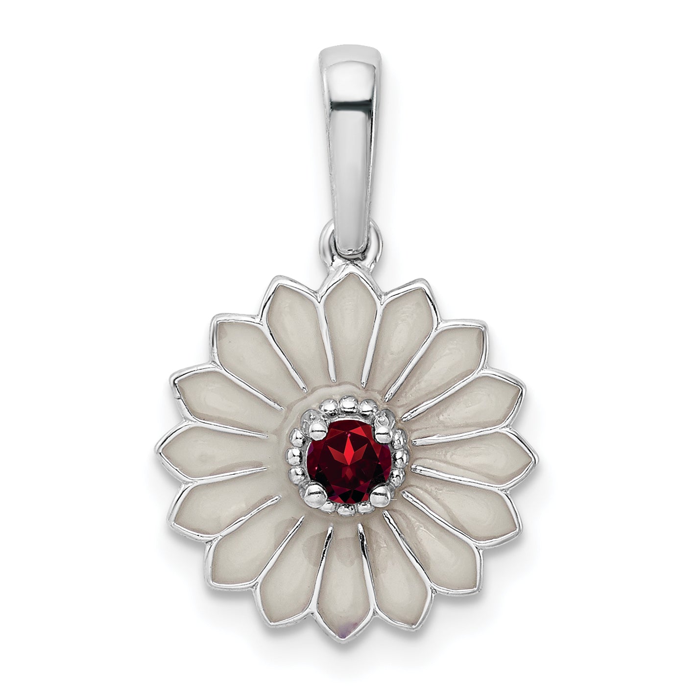 Sterling Silver Garnet And Enamel Flower Pendant