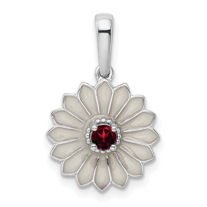 Sterling Silver Garnet And Enamel Flower Pendant
