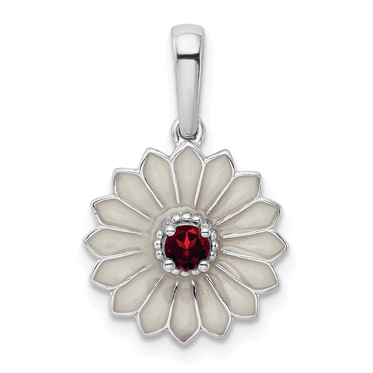 Sterling Silver Garnet And Enamel Flower Pendant