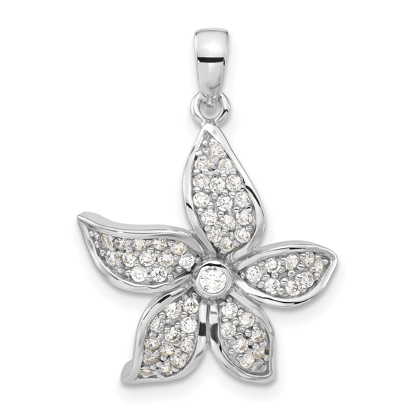 Sterling Silver Rhodium-Plated Polished Cz Flower Pendant
