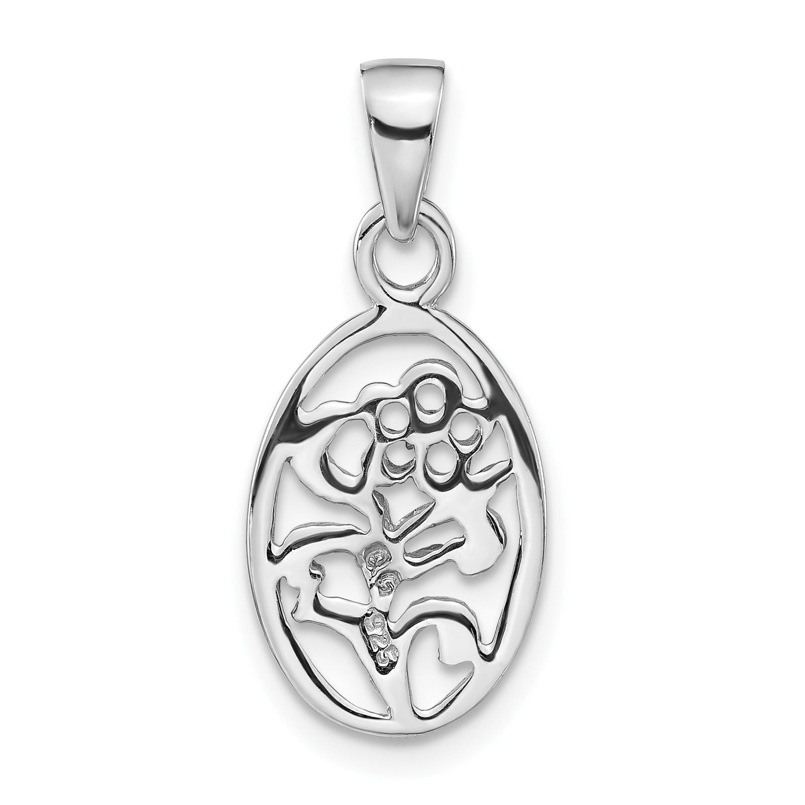 Sterling Silver Rhodium-Plated Polished Flower In Oval Pendant