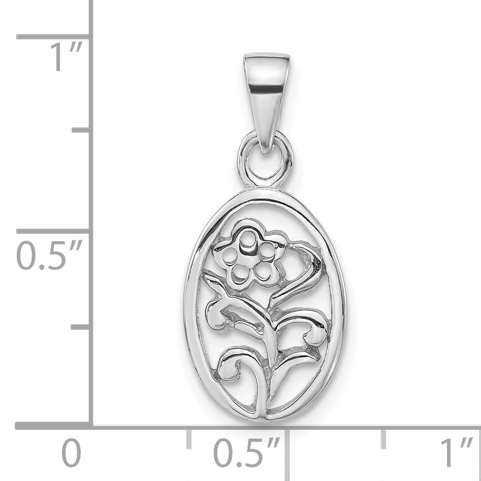 Sterling Silver Rhodium-Plated Polished Flower In Oval Pendant