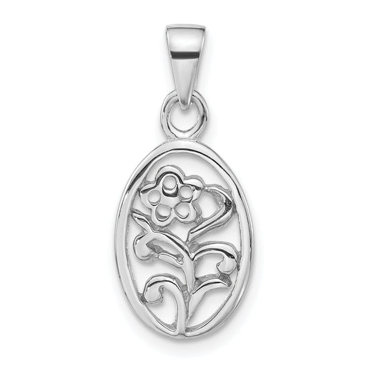 Sterling Silver Rhodium-Plated Polished Flower In Oval Pendant