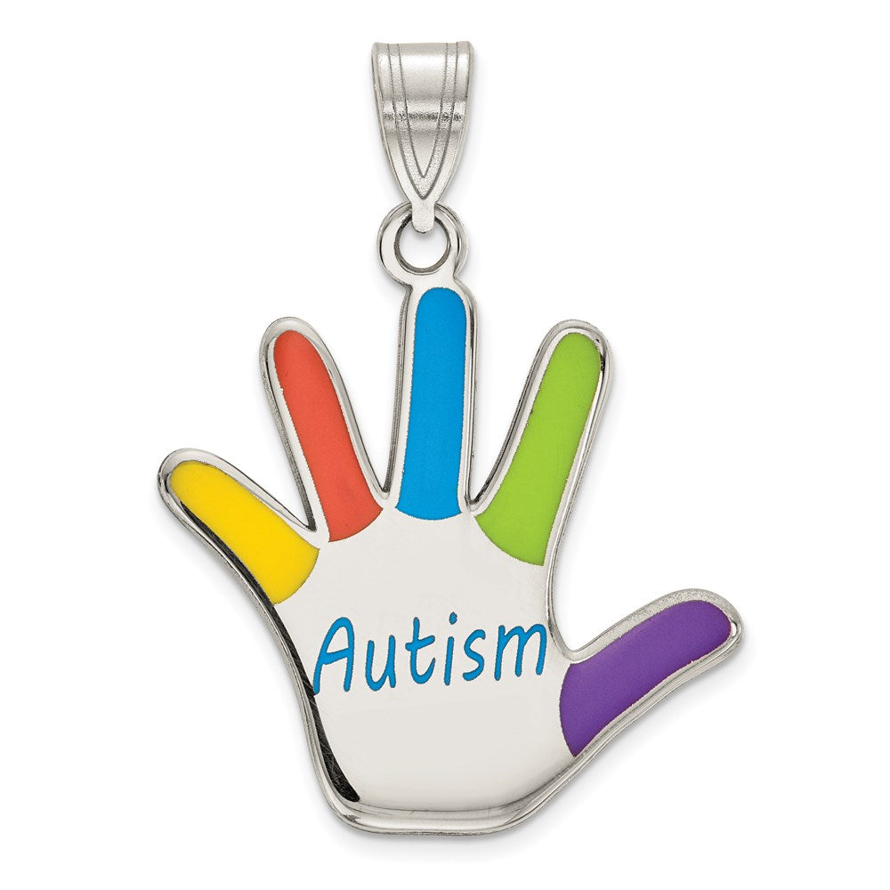 Sterling Silver Rhod-Plate Enamel Autism Handprint Pendant
