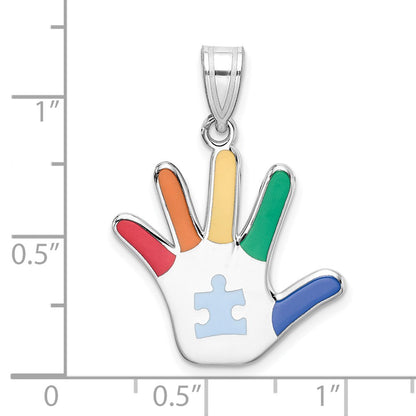 Sterling Silver Rhod-Plate Enamel Autism W/Puzzle Piece Handprint Pendant