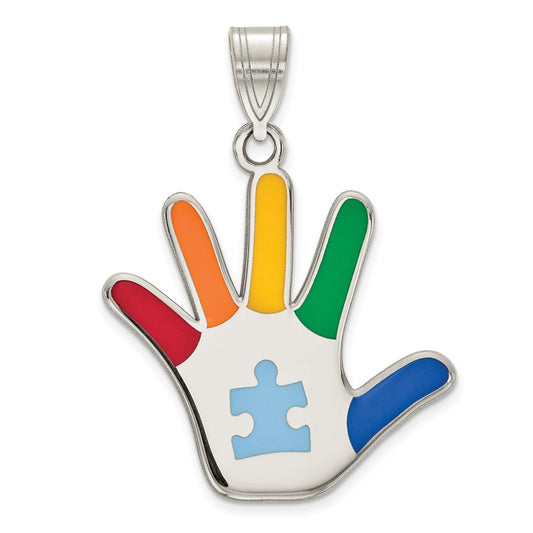 Sterling Silver Rhod-Plate Enamel Autism W/Puzzle Piece Handprint Pendant