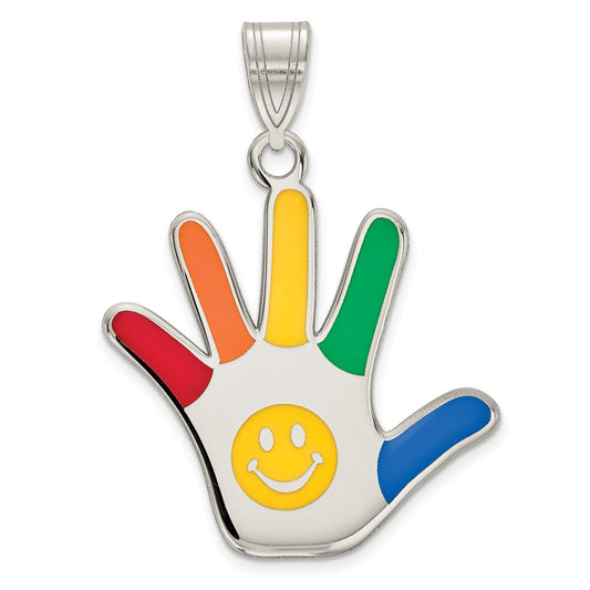 Sterling Silver Rhod-Plate Enamel Autism W/Smiley Face Handprint Pendant