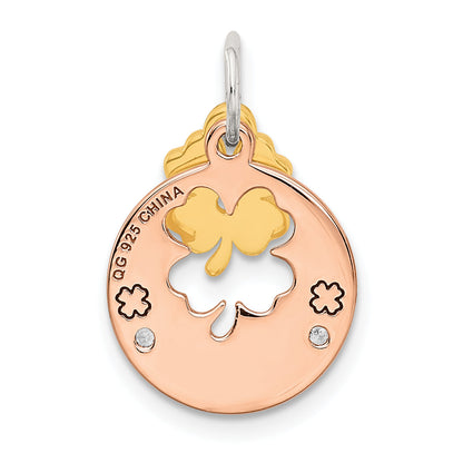 Sterling Silver Rose Tone Cz Four Leaf Clover Pendant
